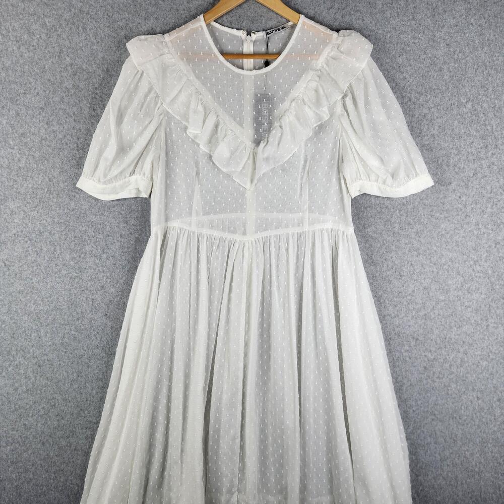 Batsheva Dress Womens 14 White Polka Dot Ruffle Sheer Midi Prairie Cottagecore